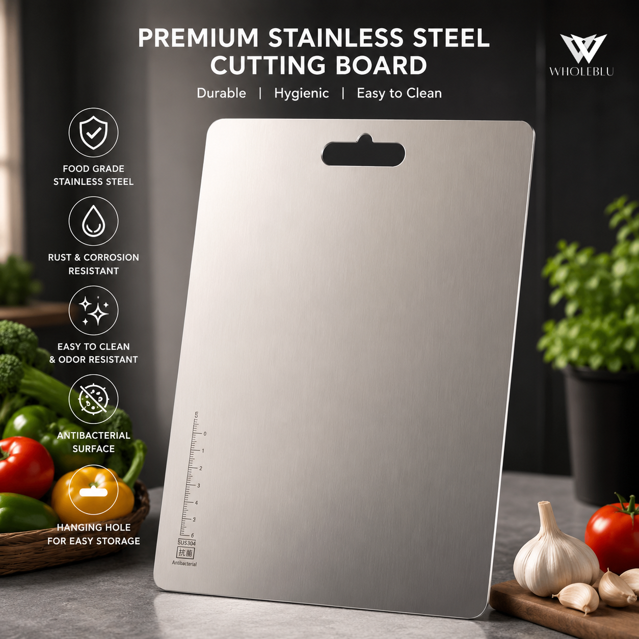 Premium Stainless Steel Cutting Board With Measurement Scale (36 * 25 cm)